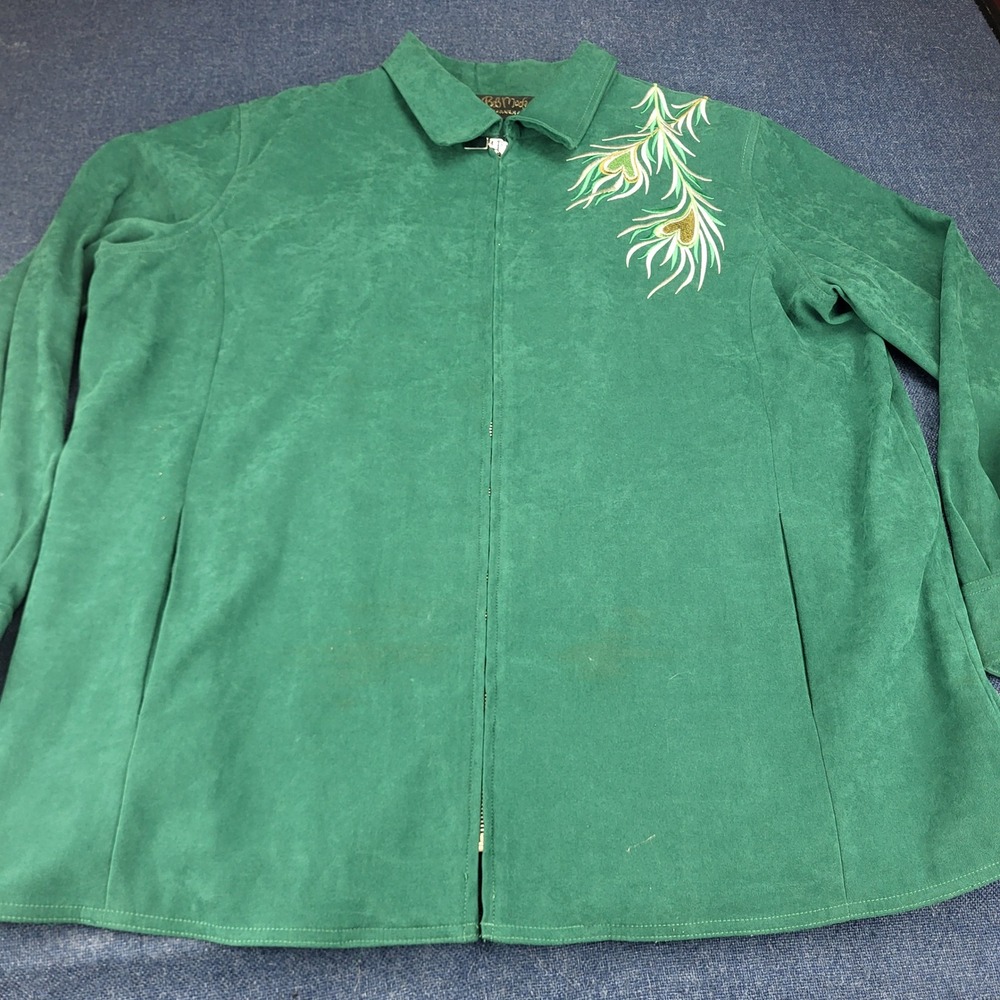 Bob Mackie Wearable Art Green Faux Suede Peacock Embroidered Zip Jacket 1X